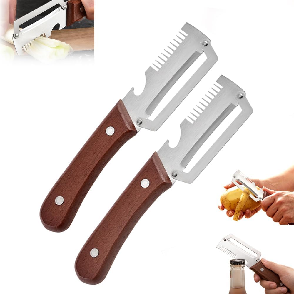 Premium Vegetable Peeler with Wooden Handle and Bottle Opener, Multi-Functional Vegetable Peeler for Kitchen, Kitchen Gadgets Tool for Fruit Pumpkin Peeling Potato Carrot Veggie Peeler (2)