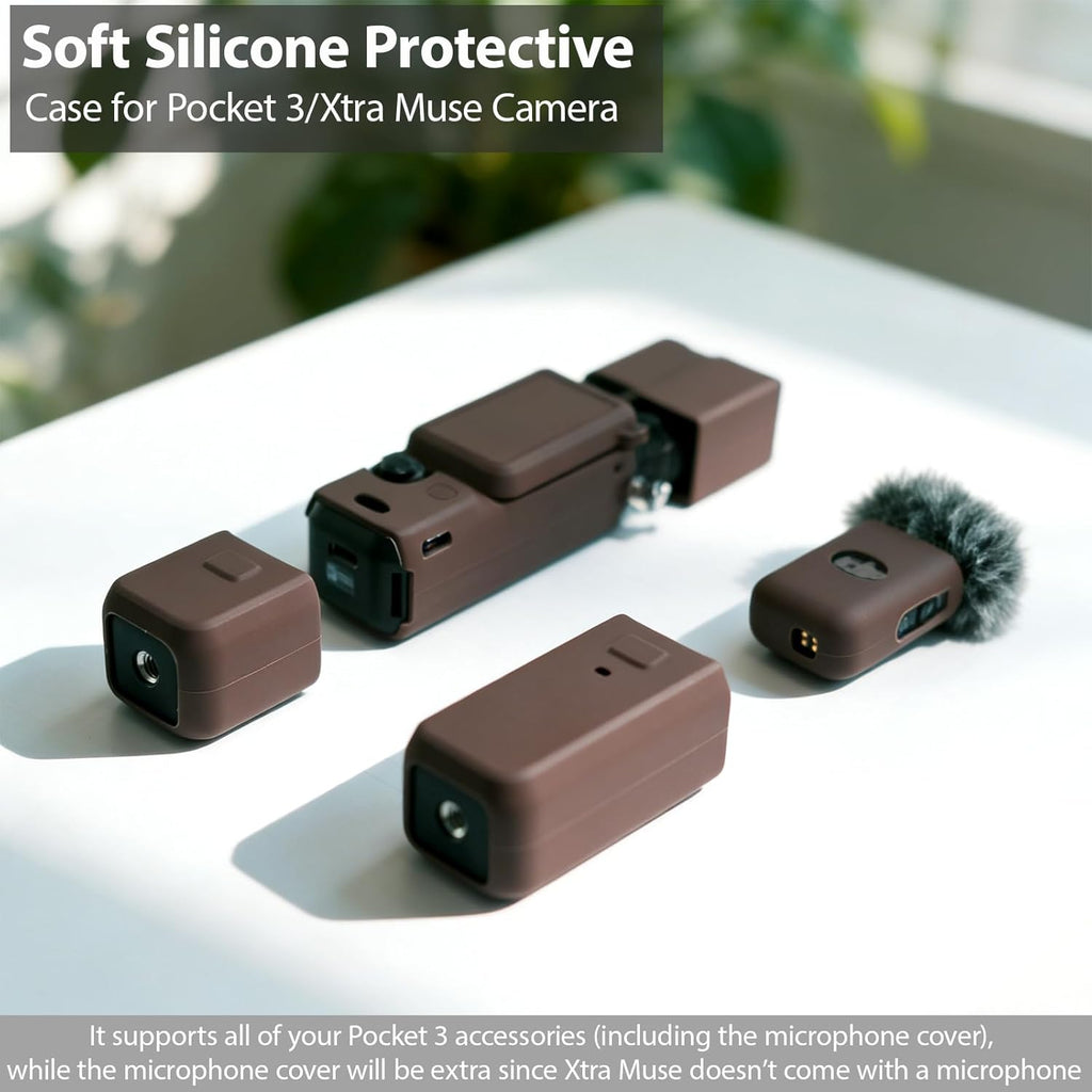 Case for DJI Osmo Pocket 3/Xtra Muse Camera, Soft Silicone Protective Case, Anti-Scratch, Slim Fit Skin with mic Cover and Screen Protector Accessories for Osmo Pocket 3/Xtra Muse (Brown)