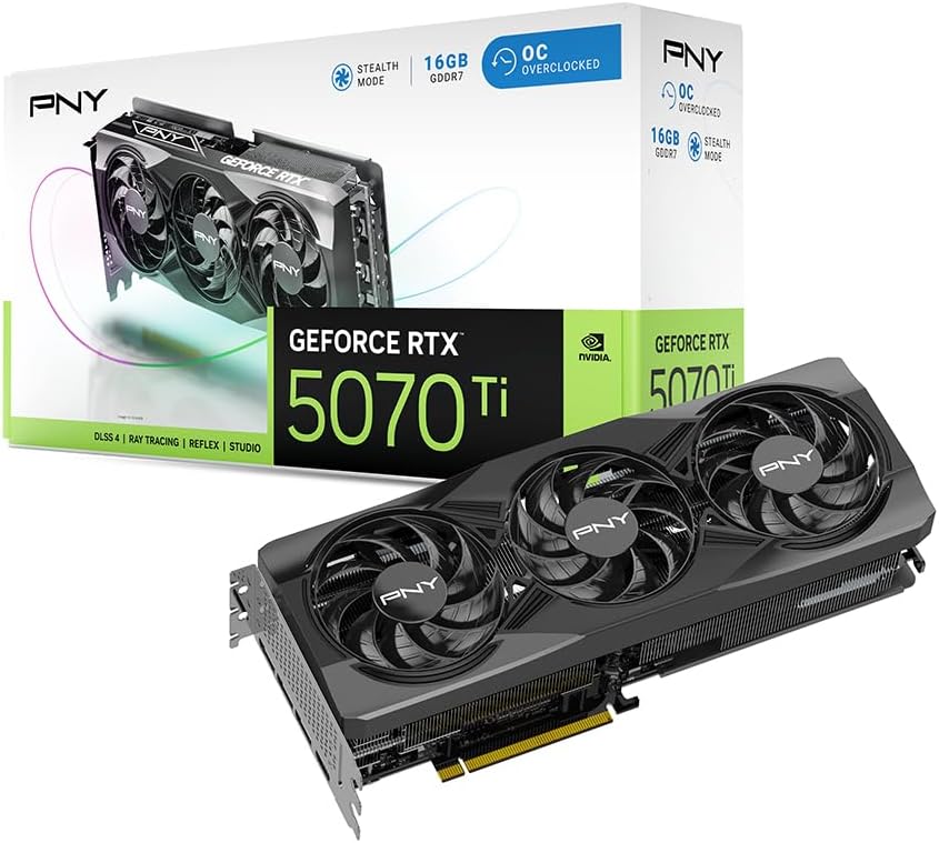PNY NVIDIA GeForce RTX™ 5070 Ti OC Triple Fan, Graphics Card (16GB GDDR7, 256-bit, Boost Speed: 2572 MHz, PCIe® 5.0, HDMI®/DP 2.1, 2.98-Slot, Blackwell Architecture, DLSS 4) (Renewed)