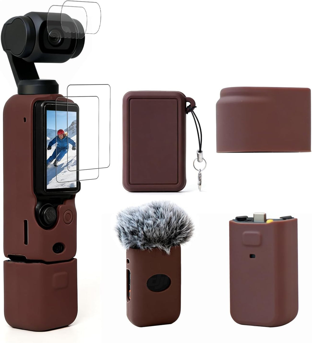 Case for DJI Osmo Pocket 3/Xtra Muse Camera, Soft Silicone Protective Case, Anti-Scratch, Slim Fit Skin with mic Cover and Screen Protector Accessories for Osmo Pocket 3/Xtra Muse (Brown)