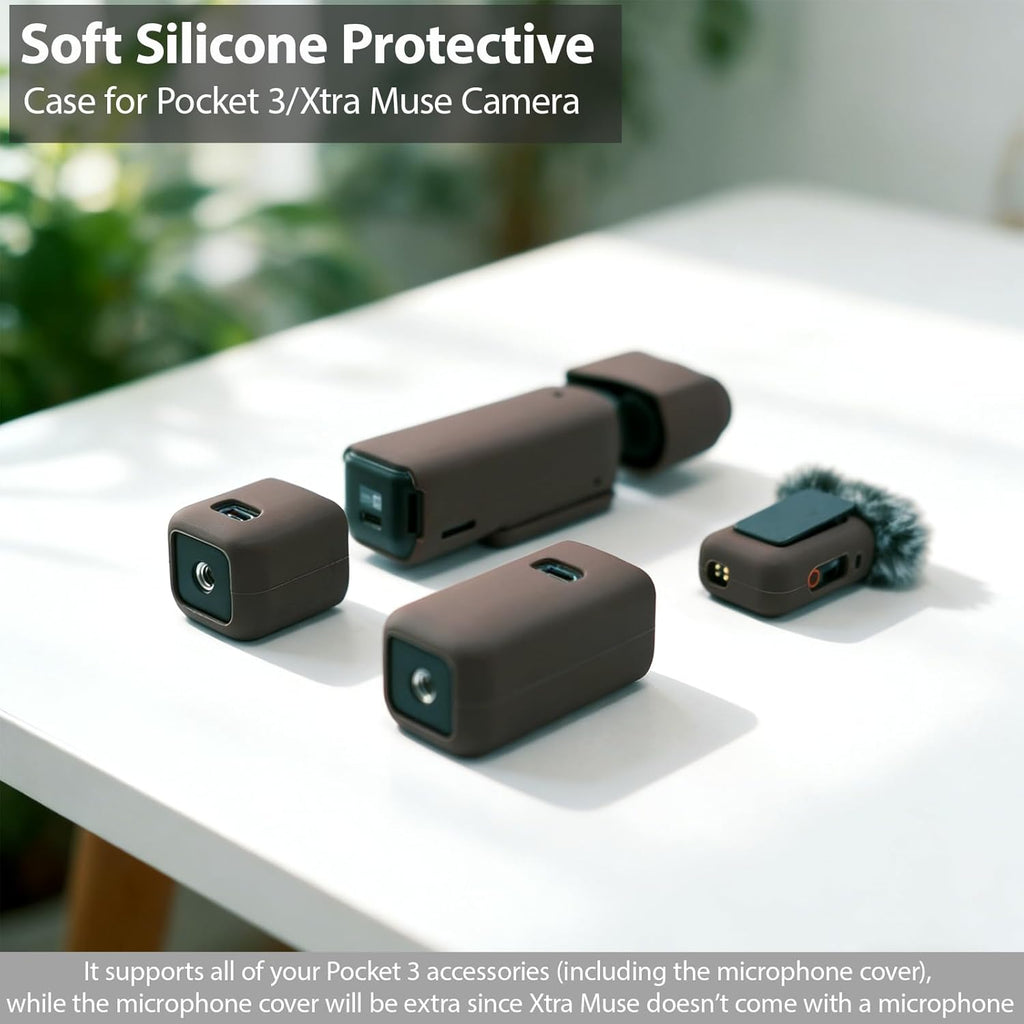 Case for DJI Osmo Pocket 3/Xtra Muse Camera, Soft Silicone Protective Case, Anti-Scratch, Slim Fit Skin with mic Cover and Screen Protector Accessories for Osmo Pocket 3/Xtra Muse (Brown)