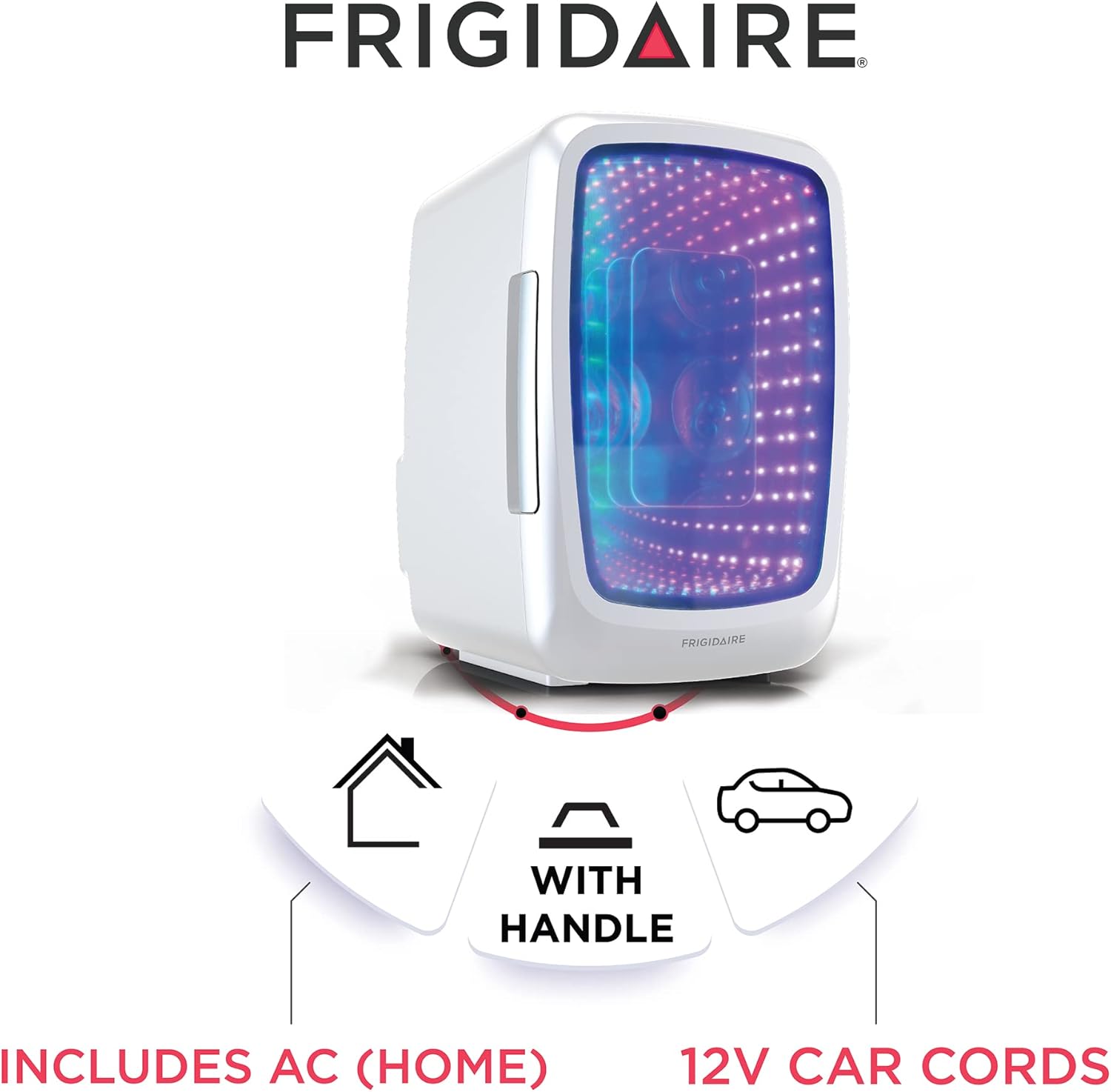 Frigidaire Gaming Light Up Mini Beverage Refrigerator, 6 can, 4 liters, Cooler with large see through door and LED lights Perfect for Gaming Experience, Home, Office, or Cars.12V Charger (White)