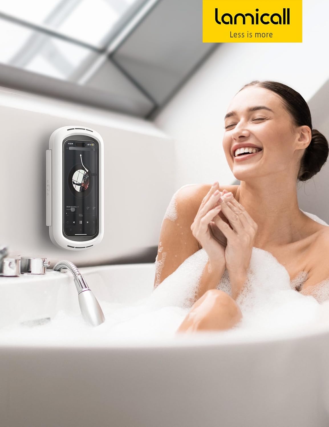 Lamicall Shower Phone Holder with Speaker Holes, IPX6 Waterproof Clear Sound & 480° Rotation Shower Case Accessories, Waterproof Bathroom Wall Mount for Mom iPhone 17 Pro Max, S26 Ultra, 4-7" Phone