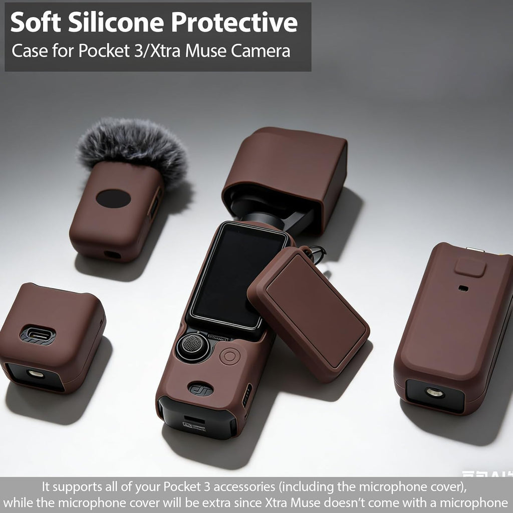 Case for DJI Osmo Pocket 3/Xtra Muse Camera, Soft Silicone Protective Case, Anti-Scratch, Slim Fit Skin with mic Cover and Screen Protector Accessories for Osmo Pocket 3/Xtra Muse (Brown)