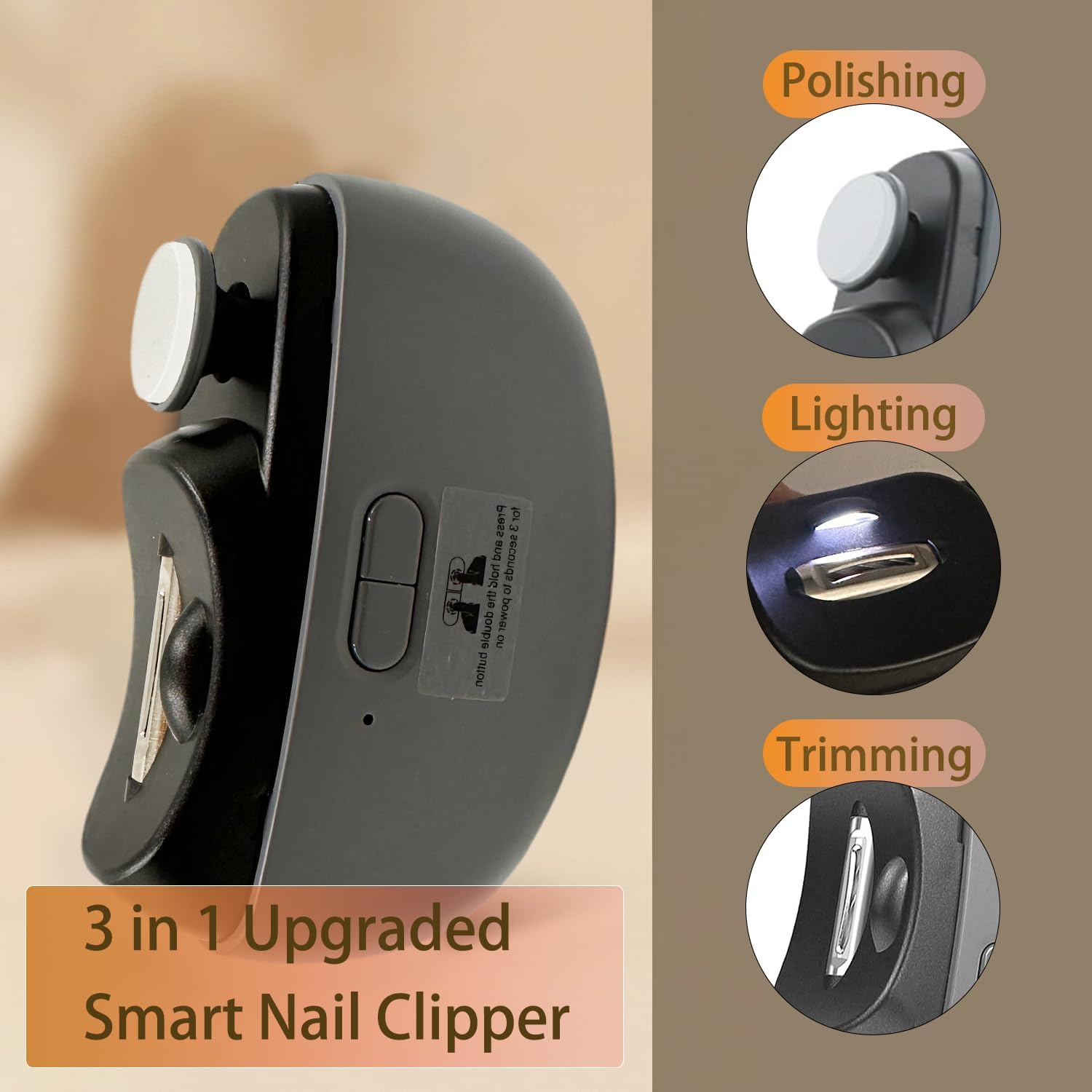 Electric Nail Clipper - 3 in 1 Upgraded Smart Trimming & Polishing Nail Clipper with 2 Adjustable Speeds, LED Light & Chip Collecting Box, Suitable for Adults, Elderly（Gray）