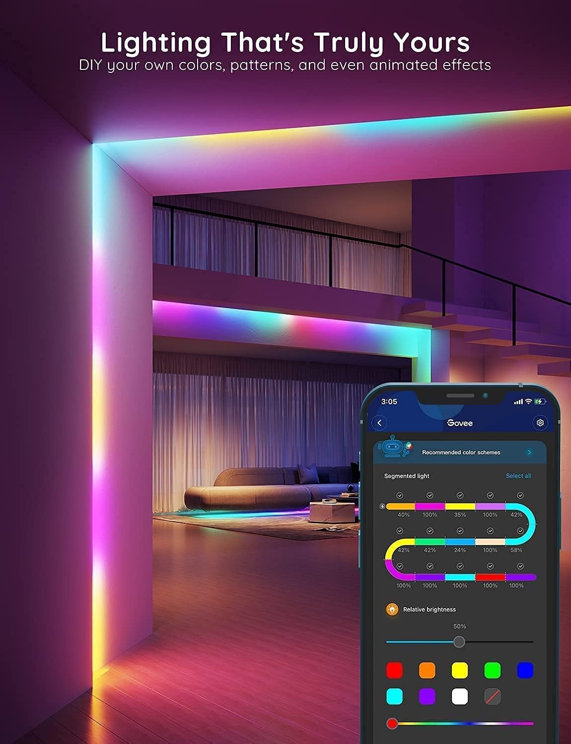 Govee Smart RGBIC LED Strip Lights 65.6ft, Alexa LED Light Strip Work with Google Assistant, Music Sync, DIY Multiple Colors on One Line, WiFi Color Changing Lights for Bedroom, Living Room, Holiday