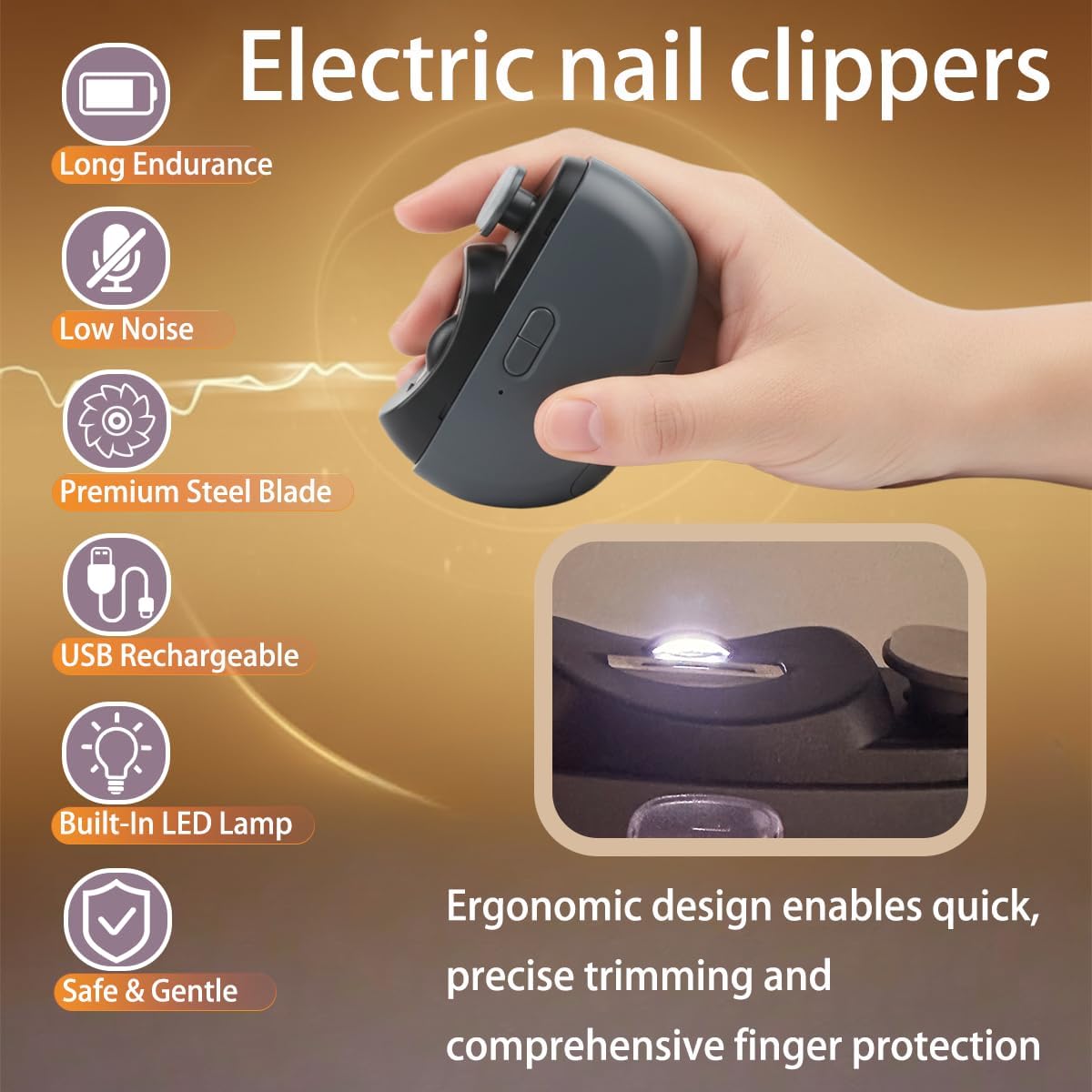 Electric Nail Clipper - 3 in 1 Upgraded Smart Trimming & Polishing Nail Clipper with 2 Adjustable Speeds, LED Light & Chip Collecting Box, Suitable for Adults, Elderly（Gray）