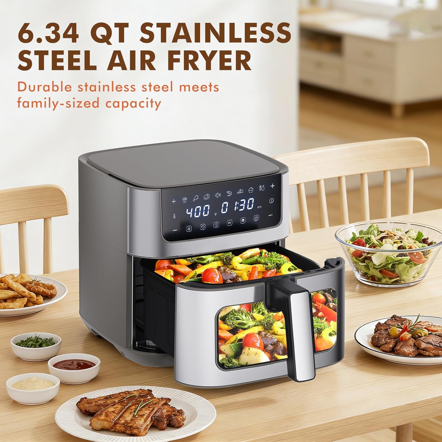 Sweetcrispy 6.34QT Air Fryer, 8-in-1 Air Fryers Oven with Visible Window, 400℉ Fast Heating, Nonstick Dishwasher-Safe Basket, Timer & Auto-Off, Stainless Steel, Grey