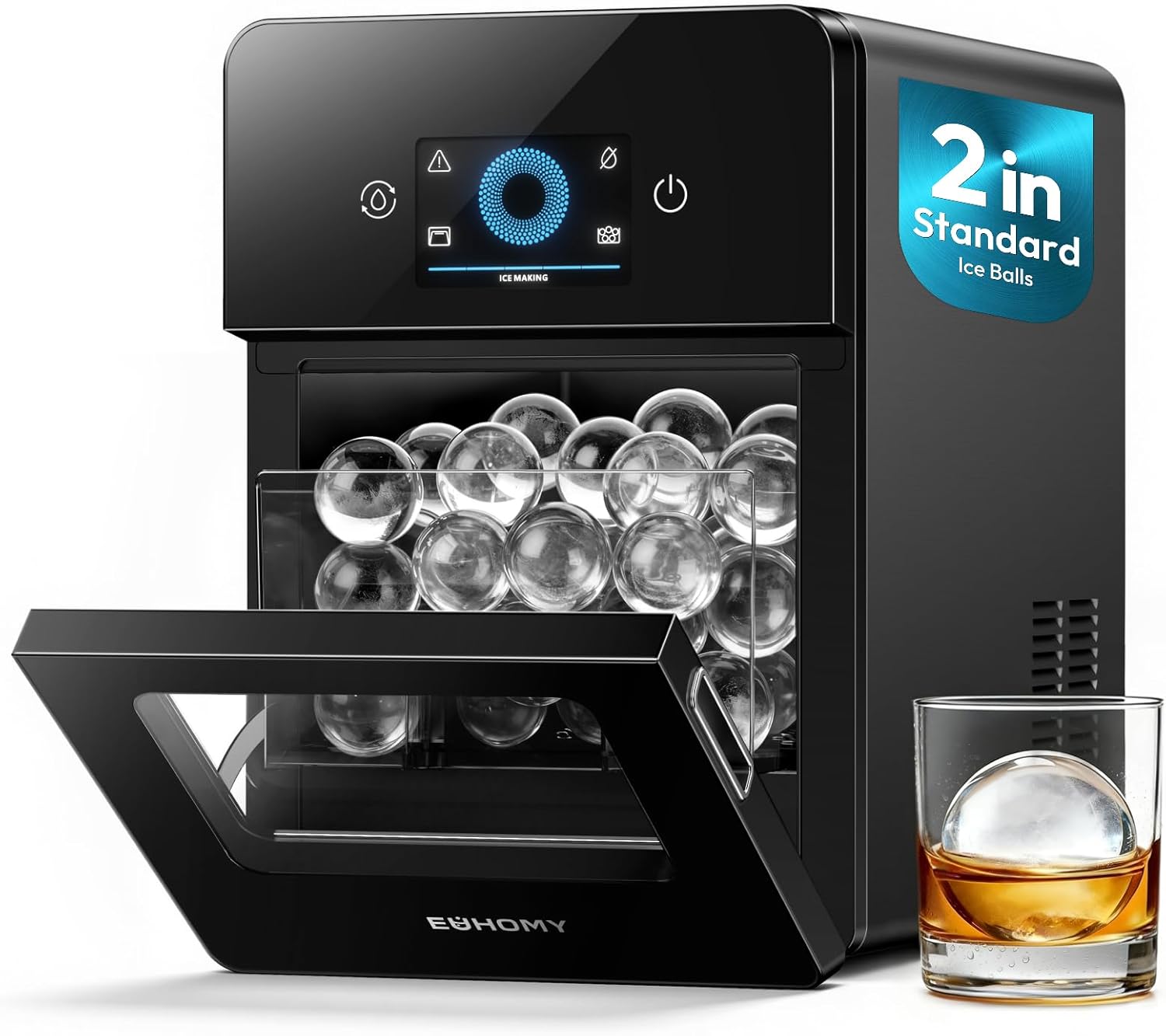 EUHOMY 2" Ice Ball Maker Countertop, 4Pcs Ready in 40Mins, 144Pcs/day, Self-Cleaning Sphere Ice Maker Machine with Crystal Clear Ice, Round Ice Cube Maker for Whiskey & Bourbon