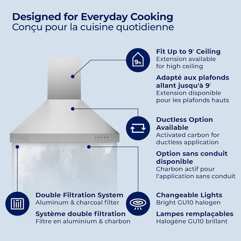 Hauslane Wall Mount Range Hood 30 Inch | Matte Black Wall Chimney | 6” Duct/Ductless Convertible, Strong Suction, Six-layer Aluminum Filters, Changeable LED Lamps, Stove Kitchen Vent Hood