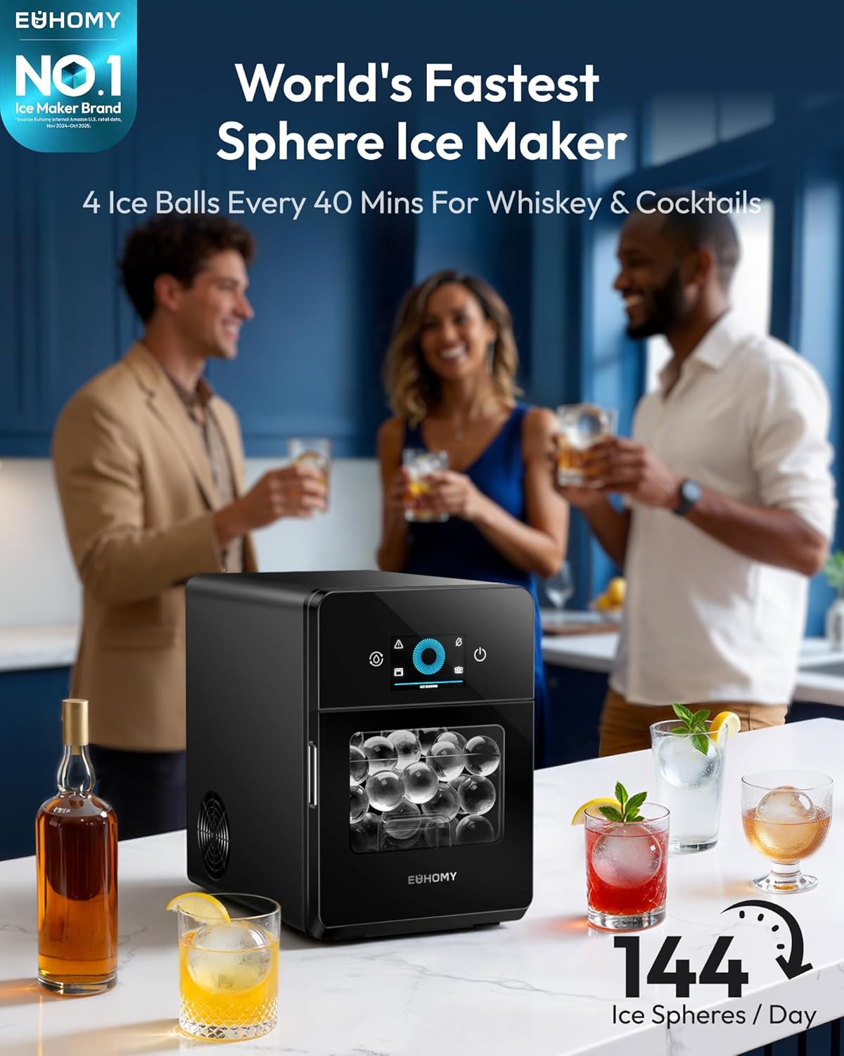 EUHOMY 2" Ice Ball Maker Countertop, 4Pcs Ready in 40Mins, 144Pcs/day, Self-Cleaning Sphere Ice Maker Machine with Crystal Clear Ice, Round Ice Cube Maker for Whiskey & Bourbon