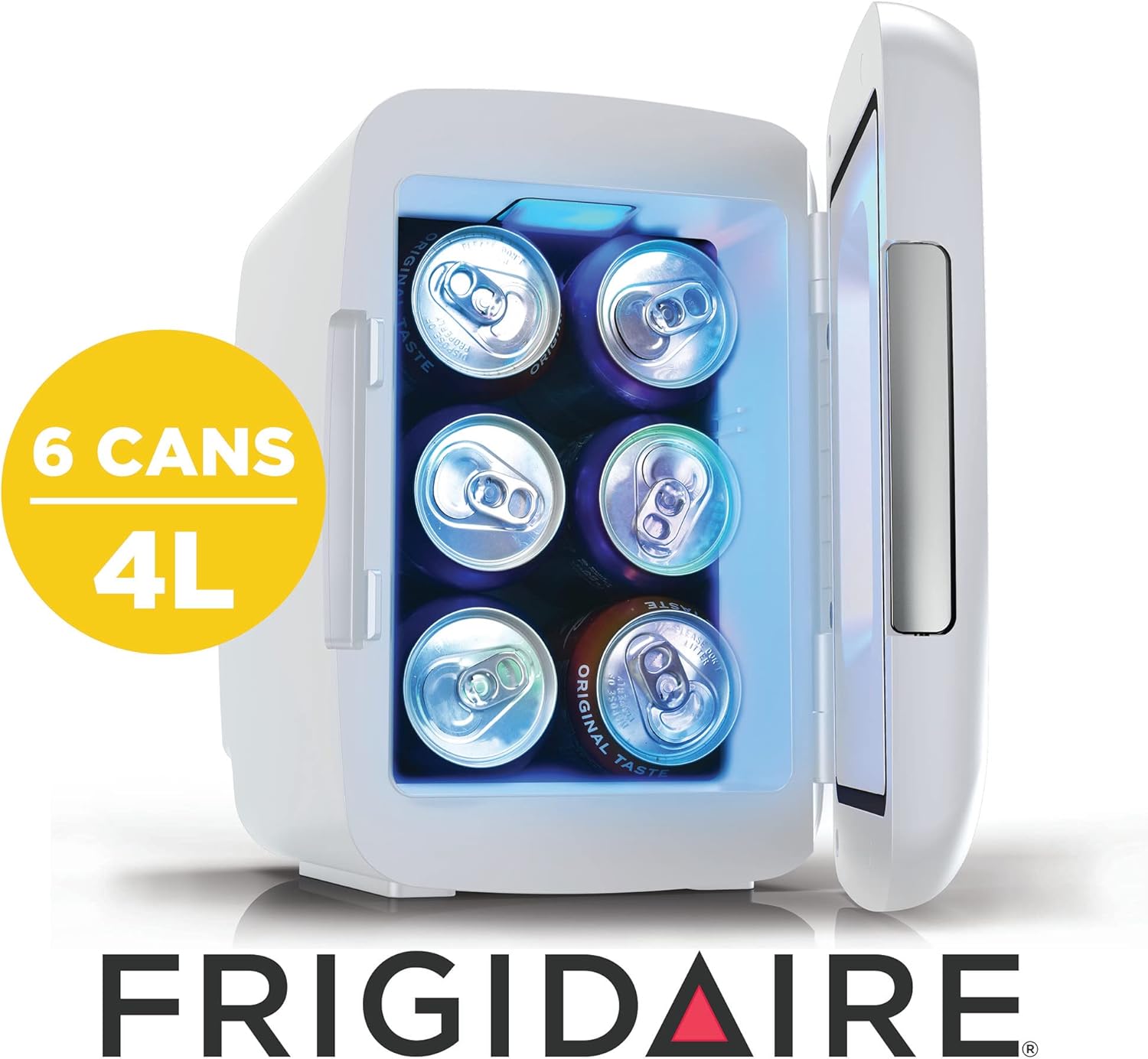 Frigidaire Gaming Light Up Mini Beverage Refrigerator, 6 can, 4 liters, Cooler with large see through door and LED lights Perfect for Gaming Experience, Home, Office, or Cars.12V Charger (White)