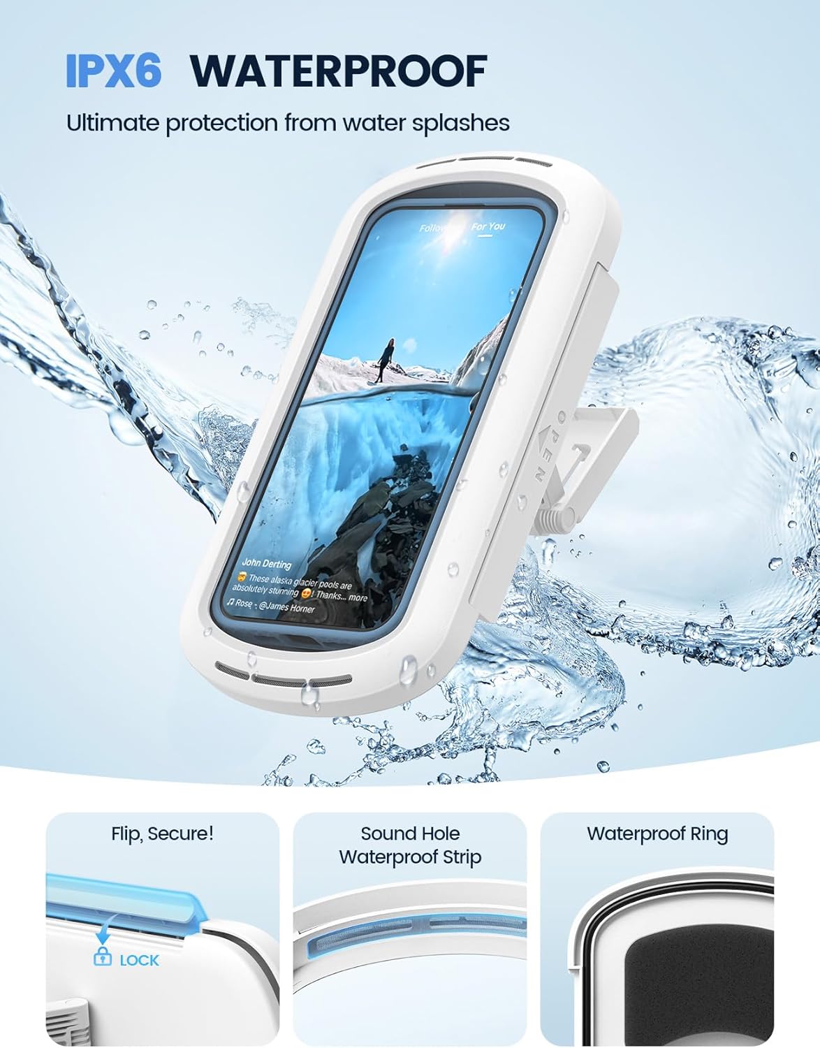 Lamicall Shower Phone Holder with Speaker Holes, IPX6 Waterproof Clear Sound & 480° Rotation Shower Case Accessories, Waterproof Bathroom Wall Mount for Mom iPhone 17 Pro Max, S26 Ultra, 4-7" Phone