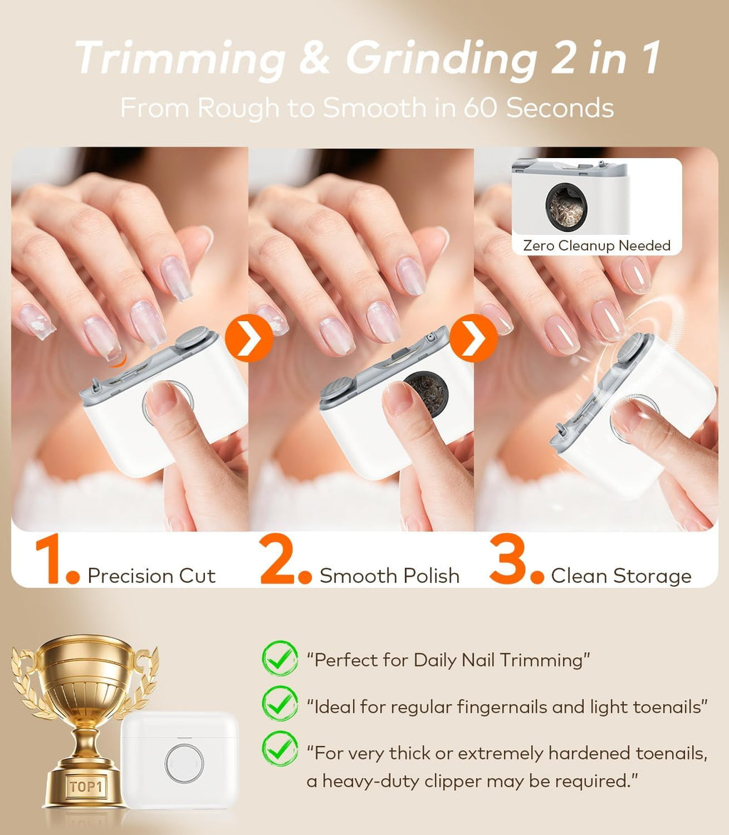 Electric Nail Clipper for Toe & Finger Nails【Dual-Blade Precision】 Automatic Nail Trimmer, Safe & Ultra-Quiet Electric Nail File with LED Light, 2-in-1 Trimmer & Grind for Seniors and Baby, White