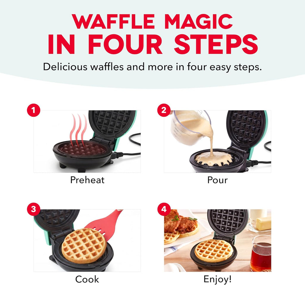 Dash Mini Waffle Maker- Compact Electric Iron for Creative Homemade Treats - Nonstick Surface - Easy-to-Clean - Perfect for Kids & Families - Red