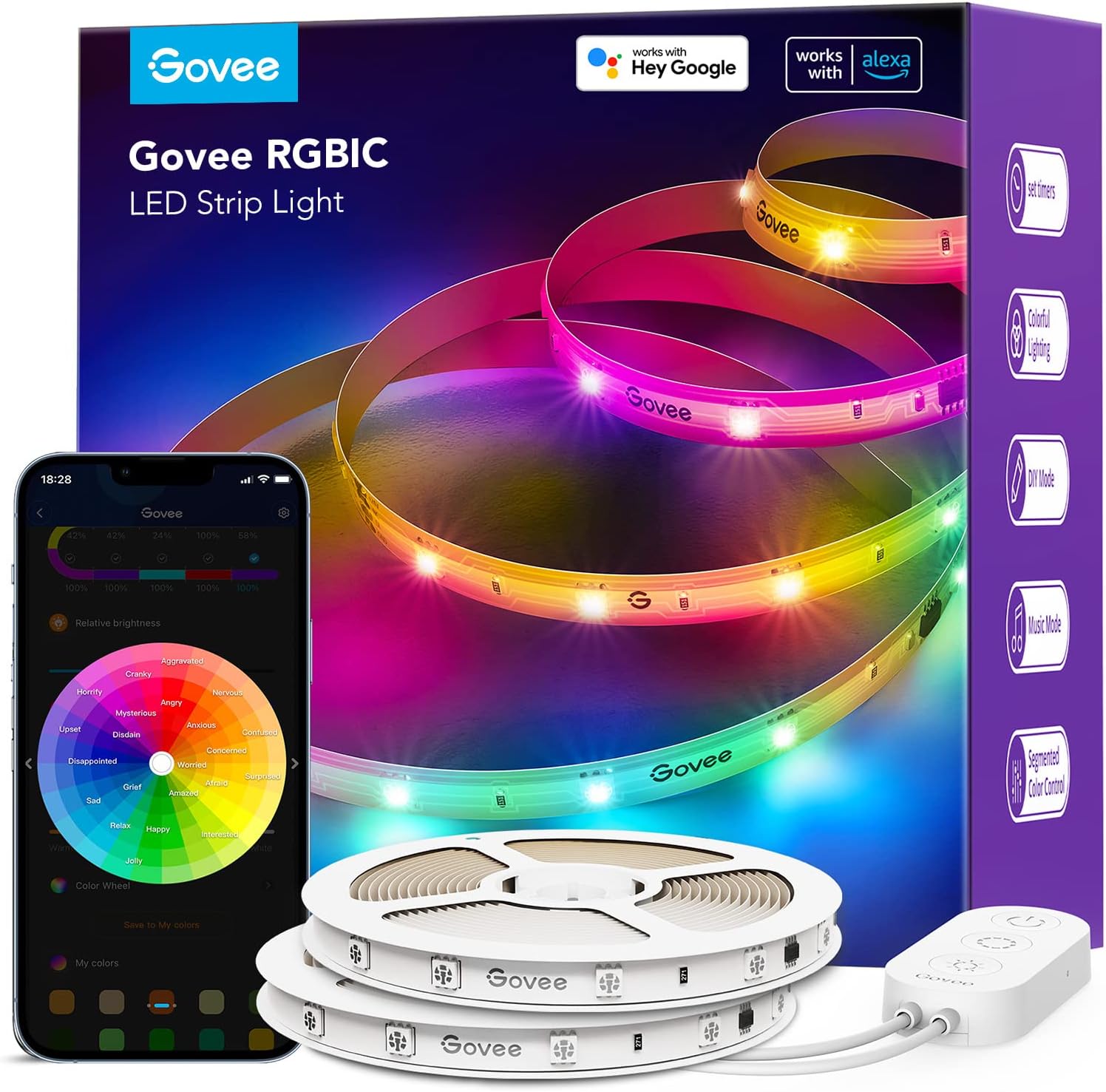 Govee Smart RGBIC LED Strip Lights 65.6ft, Alexa LED Light Strip Work with Google Assistant, Music Sync, DIY Multiple Colors on One Line, WiFi Color Changing Lights for Bedroom, Living Room, Holiday