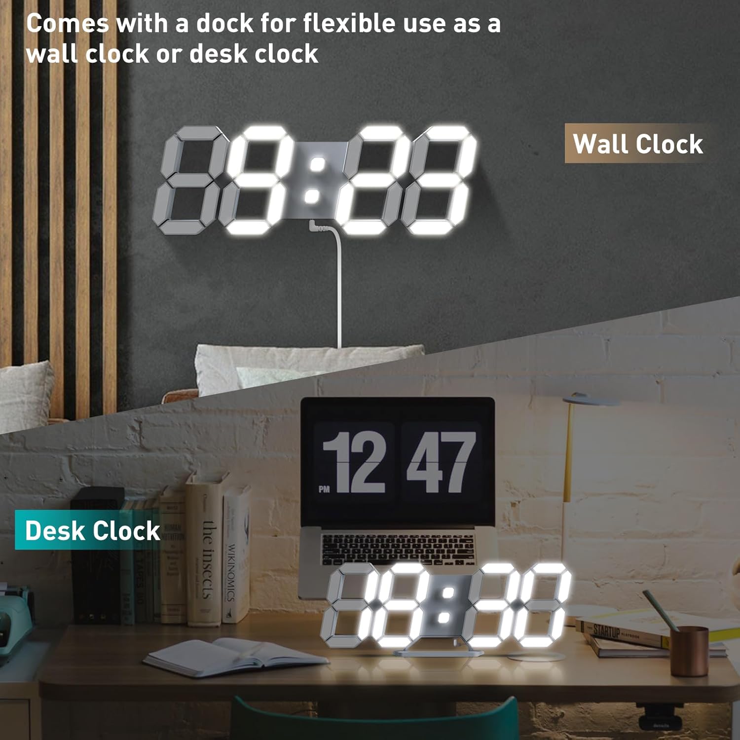 3D LED Digital Wall Clock/Desk Alarm Clock with Remote Control for Kitchen Bedroom Office, 9.7" LED Night Light Decor Clock Adjust Brightness 12H/24H Time Date Temperature, Great Gift