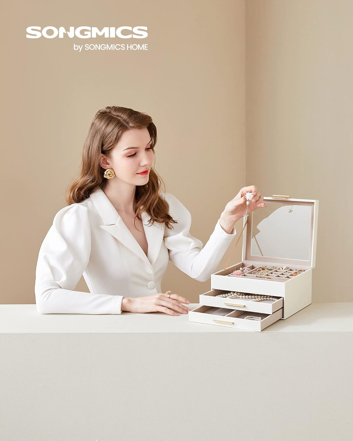 SONGMICS GISELLA Collection - Jewelry Box Organizer, 3-Layer Jewelry Storage with 2 Drawers, Shiny Metal Hardware, Glass Lid, Modern, 8 x 9.1 x 5.3 Inches, Cloud White and Gold Color UJBC239WT