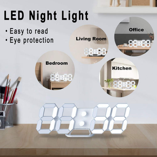 3D LED Digital Wall Clock/Desk Alarm Clock with Remote Control for Kitchen Bedroom Office, 9.7" LED Night Light Decor Clock Adjust Brightness 12H/24H Time Date Temperature, Great Gift