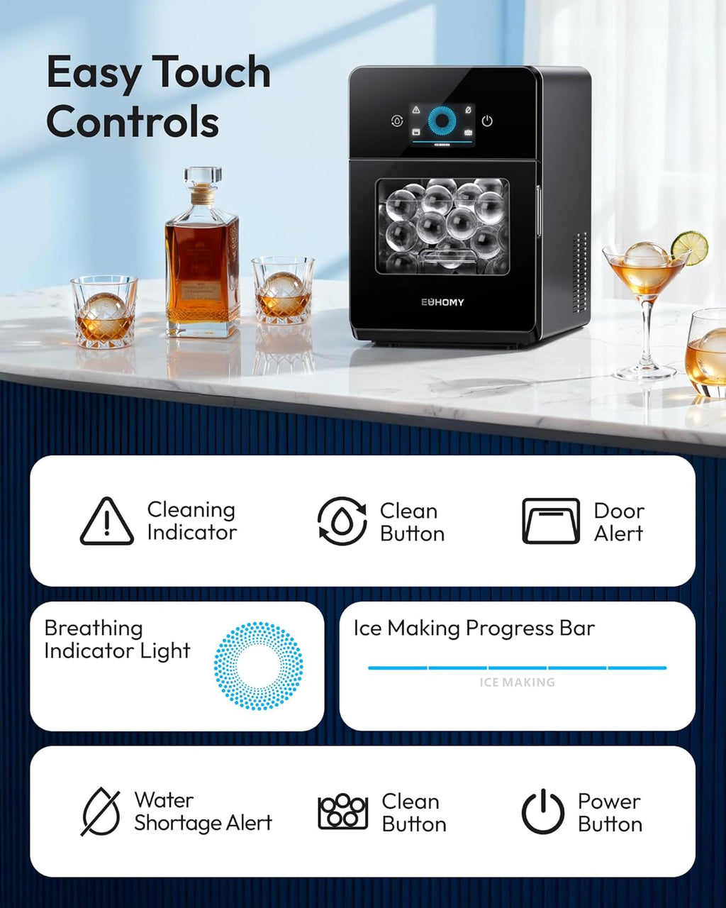 EUHOMY 2" Ice Ball Maker Countertop, 4Pcs Ready in 40Mins, 144Pcs/day, Self-Cleaning Sphere Ice Maker Machine with Crystal Clear Ice, Round Ice Cube Maker for Whiskey & Bourbon