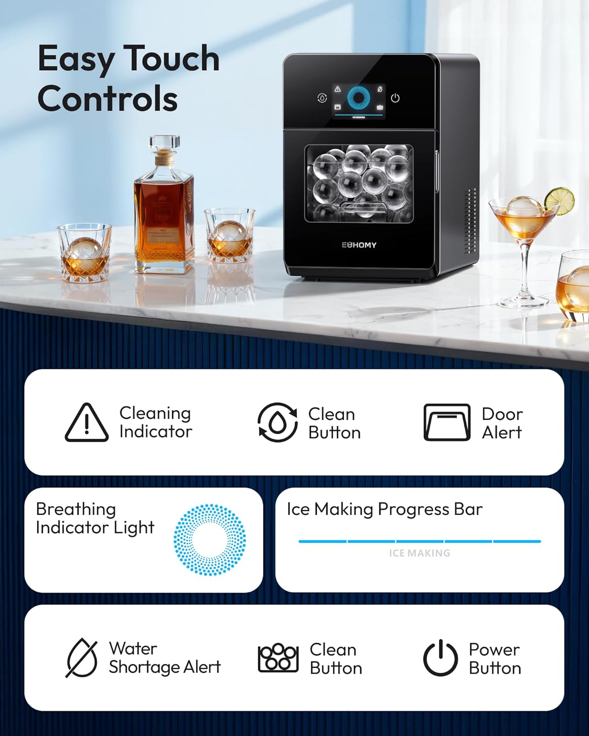 EUHOMY 2" Ice Ball Maker Countertop, 4Pcs Ready in 40Mins, 144Pcs/day, Self-Cleaning Sphere Ice Maker Machine with Crystal Clear Ice, Round Ice Cube Maker for Whiskey & Bourbon