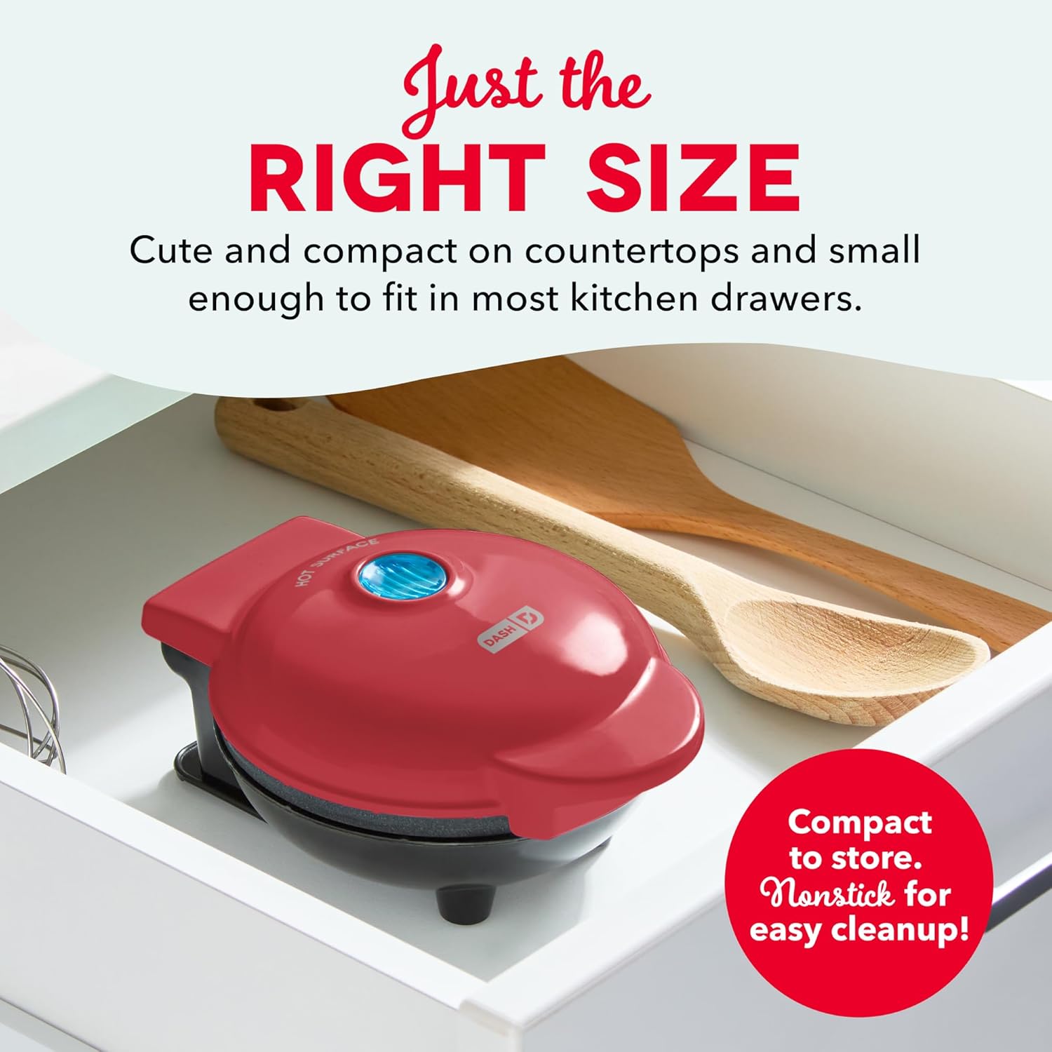 Dash Mini Waffle Maker- Compact Electric Iron for Creative Homemade Treats - Nonstick Surface - Easy-to-Clean - Perfect for Kids & Families - Red