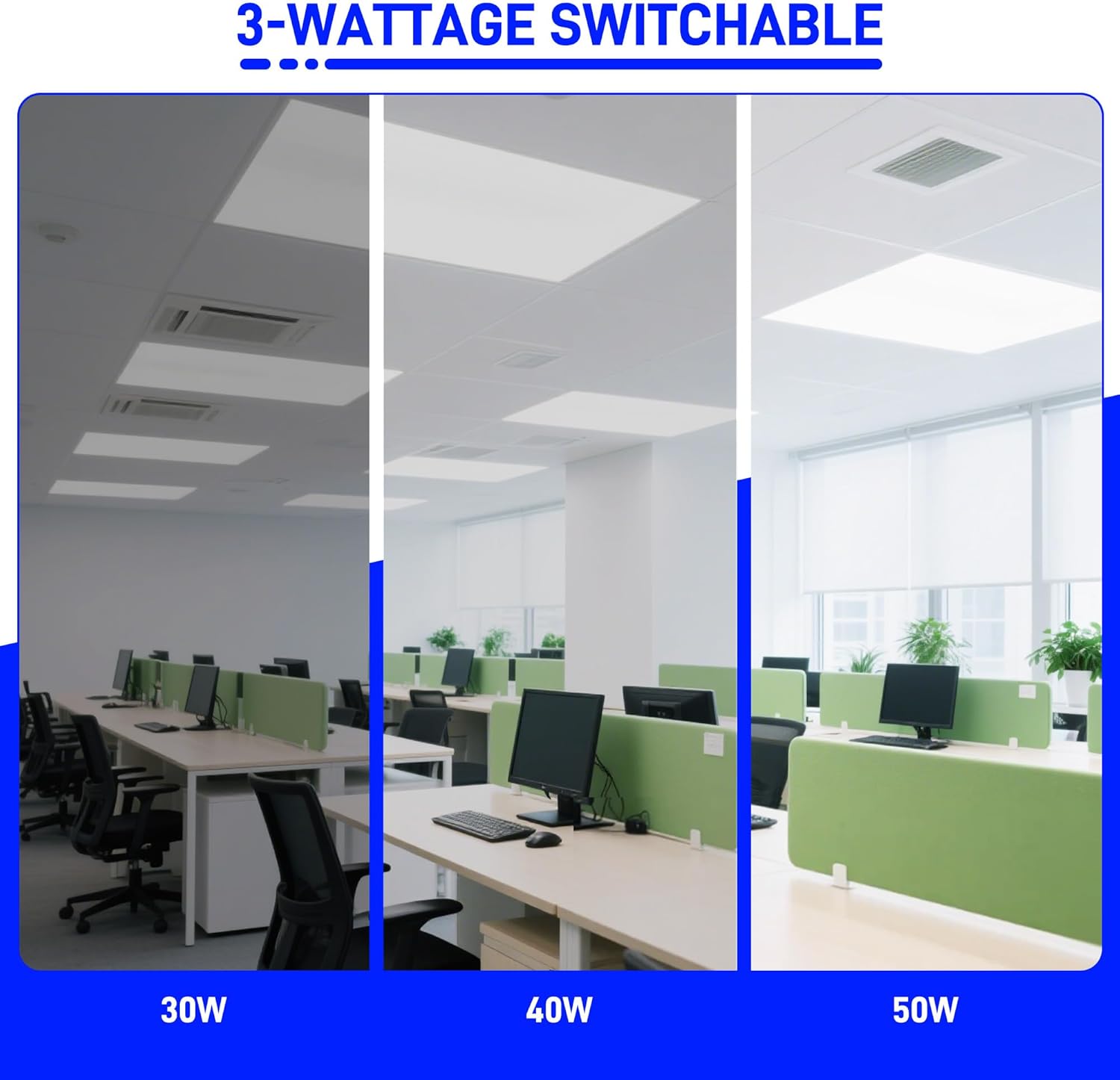 hykolity 6 Pack 2x4 LED Flat Panel Troffer Light, 30/40/50W 3-Wattage Selectable, 0-10V Dimmable, 5000K 5500lm Lay in Fixture for Office, 3-Lamp F32T8 Fixture Replacement