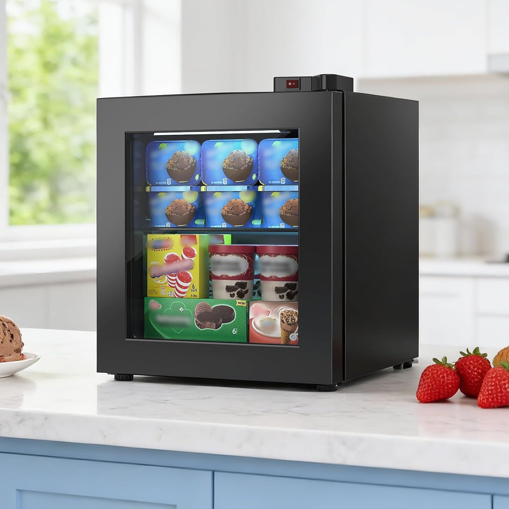 Electactic 1.1 Cu.ft Mini Freezer with Display Glass Door, 7-Level Temperature Control, -10°F to -18°F Deep Upright Freeze, Quiet & Energy-Saving Design, Black