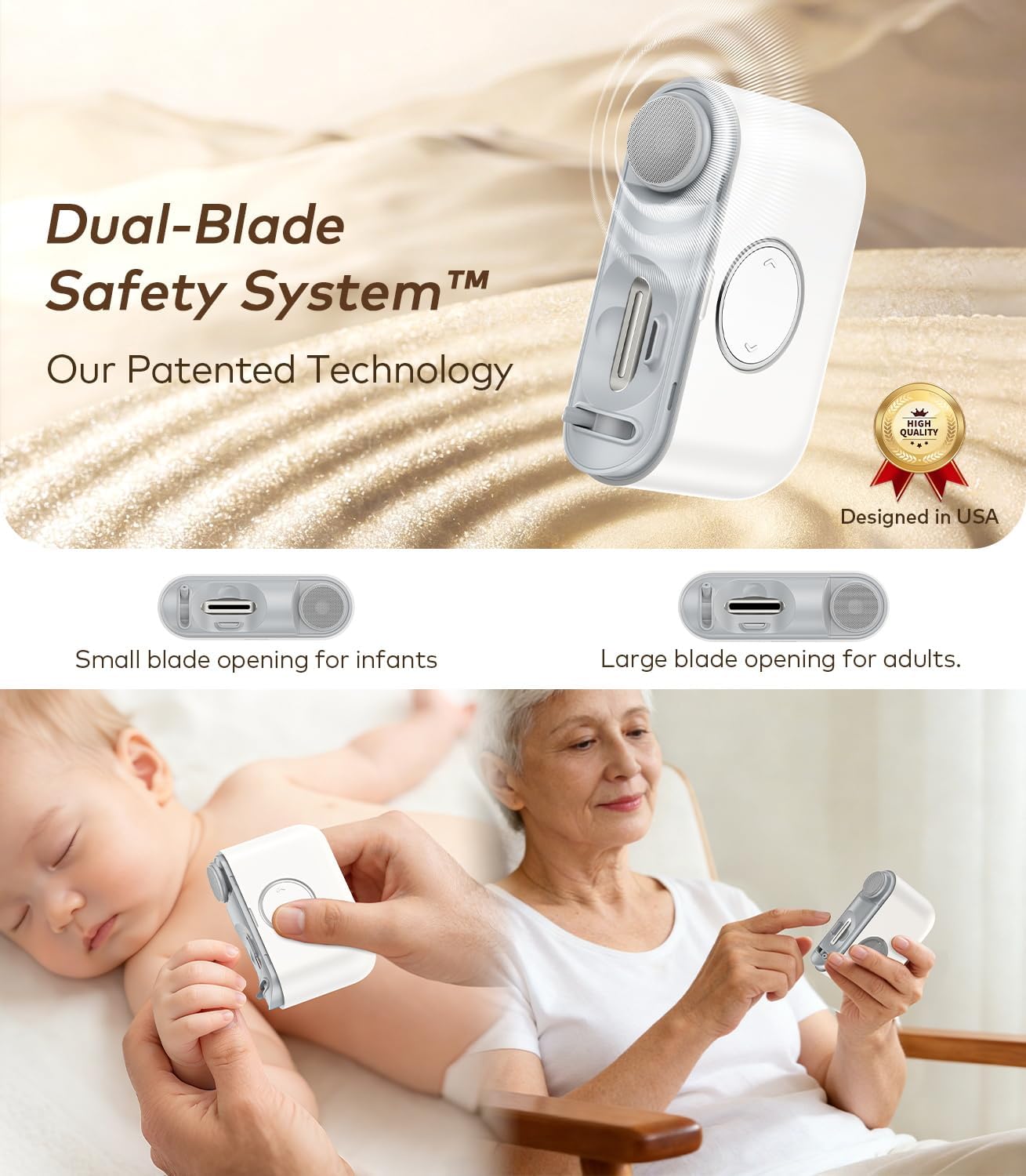 Electric Nail Clipper for Toe & Finger Nails【Dual-Blade Precision】 Automatic Nail Trimmer, Safe & Ultra-Quiet Electric Nail File with LED Light, 2-in-1 Trimmer & Grind for Seniors and Baby, White