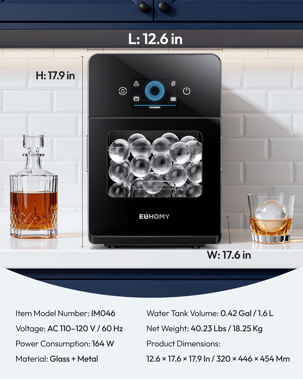 EUHOMY 2" Ice Ball Maker Countertop, 4Pcs Ready in 40Mins, 144Pcs/day, Self-Cleaning Sphere Ice Maker Machine with Crystal Clear Ice, Round Ice Cube Maker for Whiskey & Bourbon