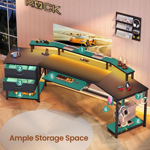 79 Inch Gaming Desk With LED Lights And Storage