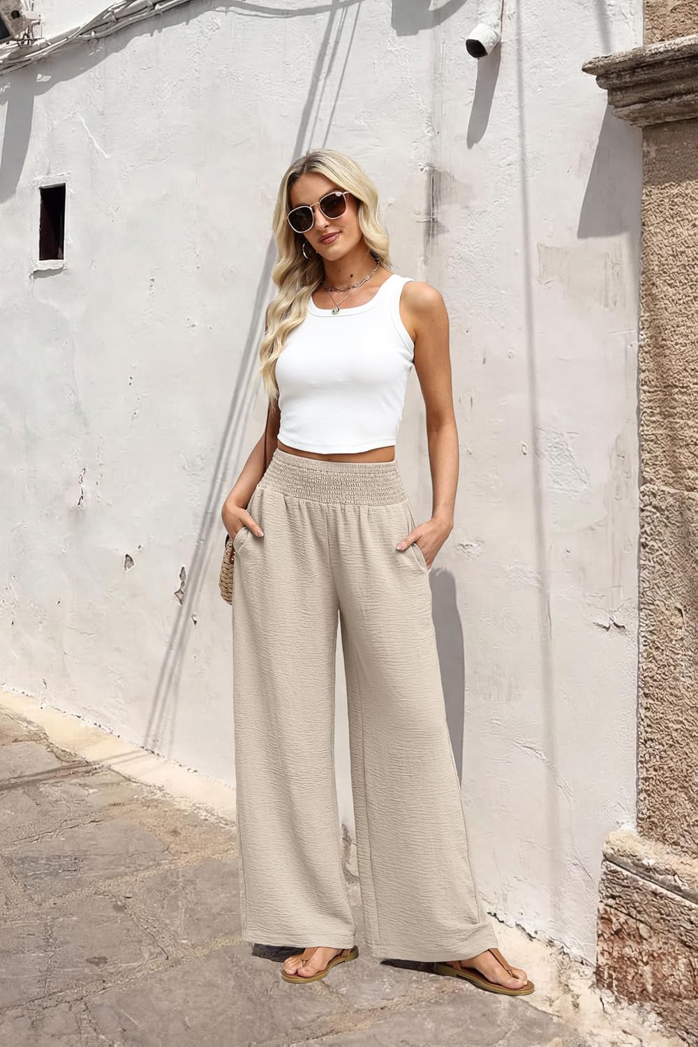 Sampeel Wide Leg Pants Woman High Waist Trousers with Pockets Casual Lounge