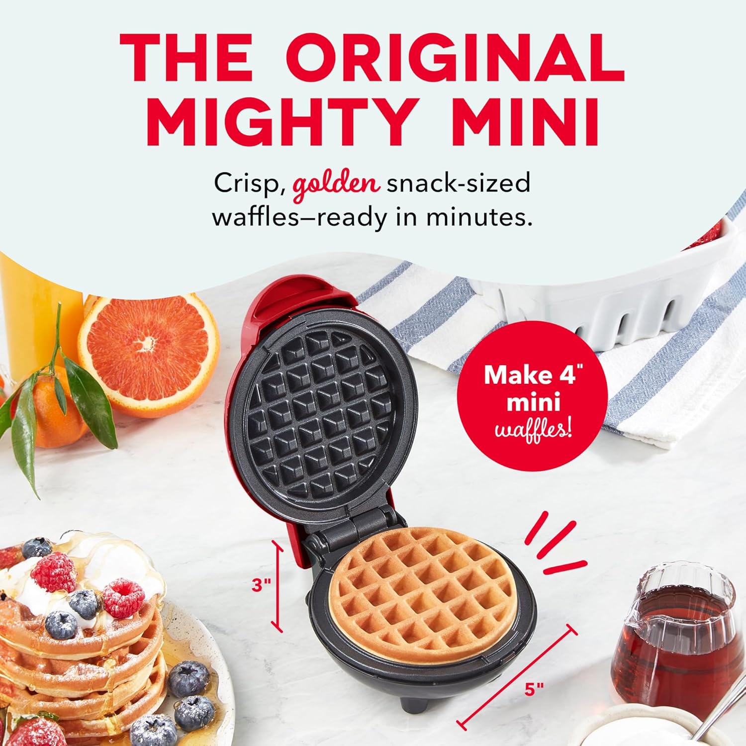Dash Mini Waffle Maker- Compact Electric Iron for Creative Homemade Treats - Nonstick Surface - Easy-to-Clean - Perfect for Kids & Families - Red
