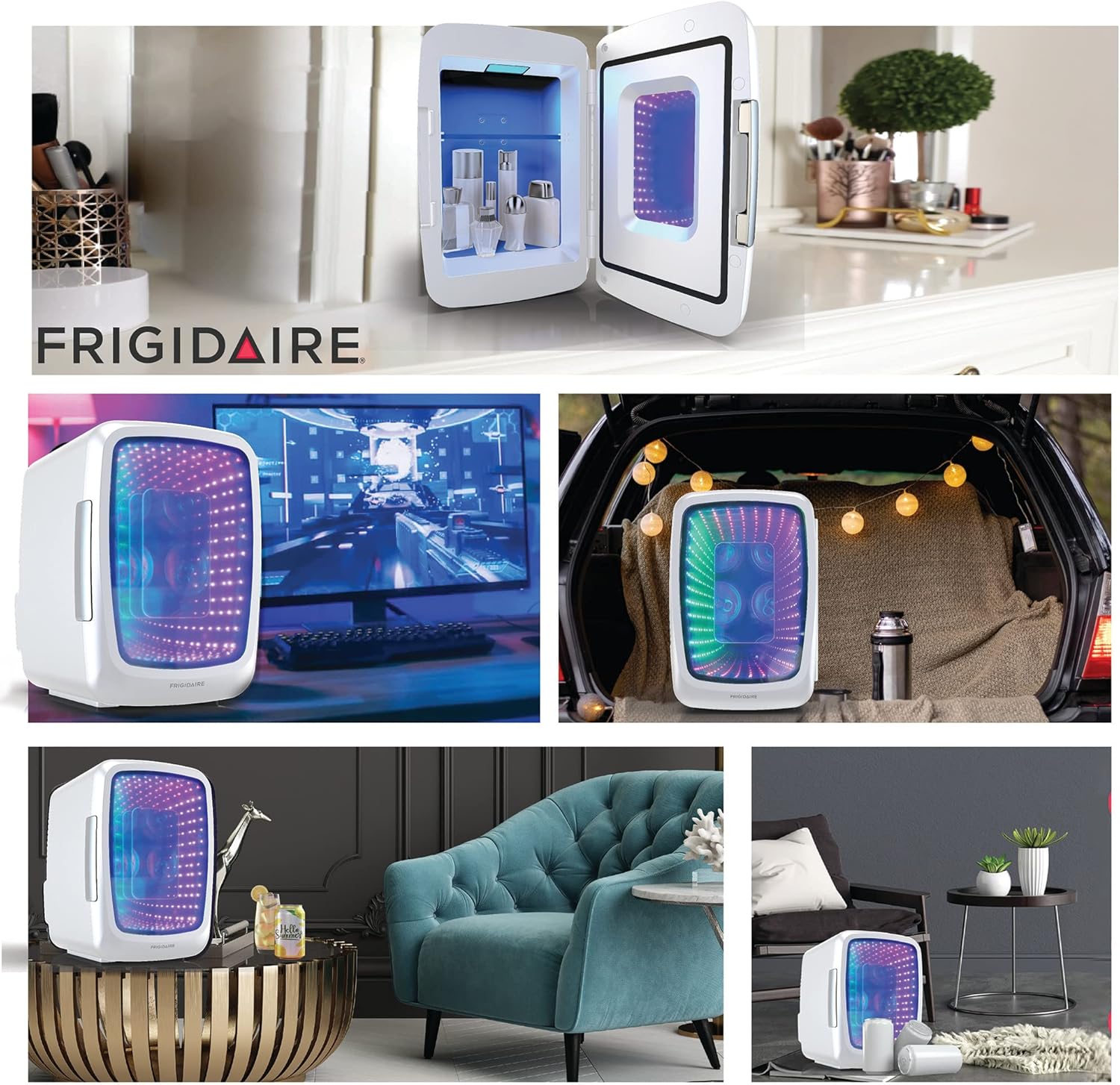 Frigidaire Gaming Light Up Mini Beverage Refrigerator, 6 can, 4 liters, Cooler with large see through door and LED lights Perfect for Gaming Experience, Home, Office, or Cars.12V Charger (White)