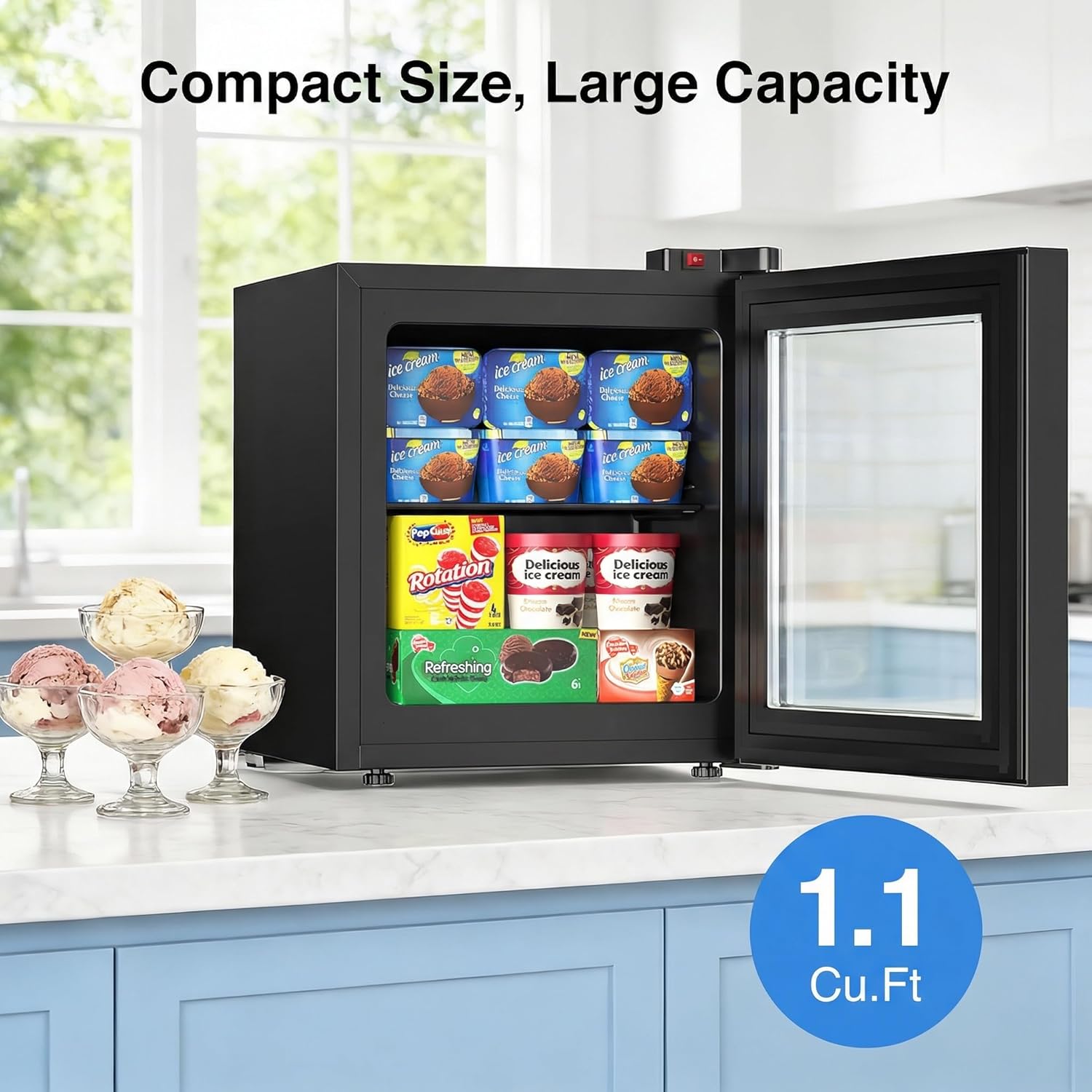 Electactic 1.1 Cu.ft Mini Freezer with Display Glass Door, 7-Level Temperature Control, -10°F to -18°F Deep Upright Freeze, Quiet & Energy-Saving Design, Black