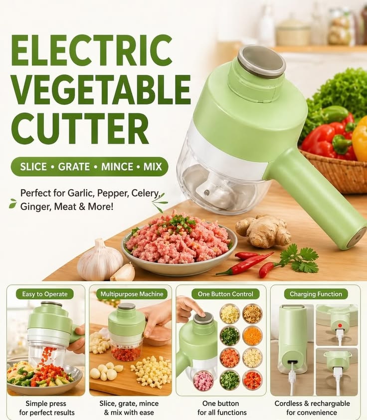 AXEDAES 4 in 1 Multi-Functional Portable Electric Vegetable Cutter Set, Wireless Vegetable Processor for Garlic, Peppers, Onions, Celery, Ginger, Meat, With Brush, Comes with Egg & Cream Beater.